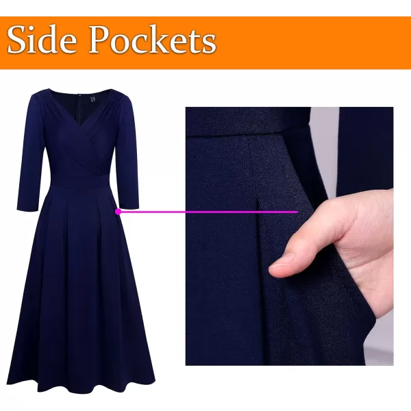 VFSHOW Womens Vintage Ruched Wrap V Neck Pockets Cocktail Party Pleated ALine Midi DressDark Blue