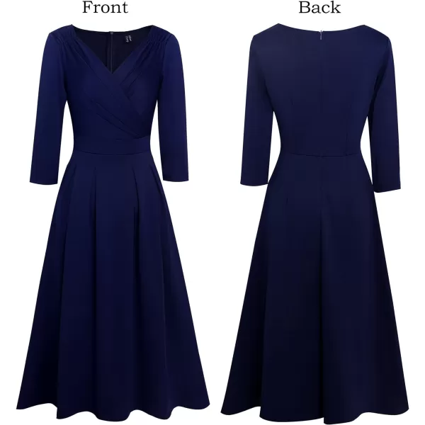 VFSHOW Womens Vintage Ruched Wrap V Neck Pockets Cocktail Party Pleated ALine Midi DressDark Blue