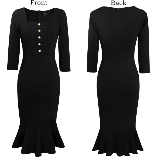 VFSHOW Womens Vintage Square Neck Buttons Cocktail Party Bodycon Mermaid MidCalf DressBlack Buttons 34 Sleeve