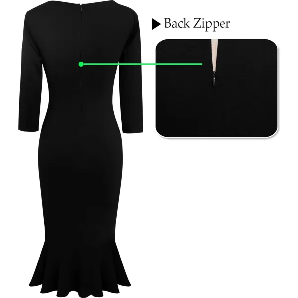 VFSHOW Womens Vintage Square Neck Buttons Cocktail Party Bodycon Mermaid MidCalf DressBlack Buttons 34 Sleeve