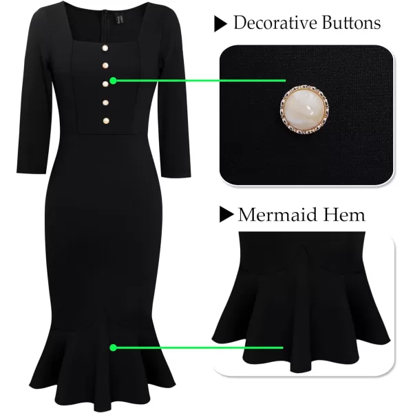 VFSHOW Womens Vintage Square Neck Buttons Cocktail Party Bodycon Mermaid MidCalf DressBlack Buttons 34 Sleeve