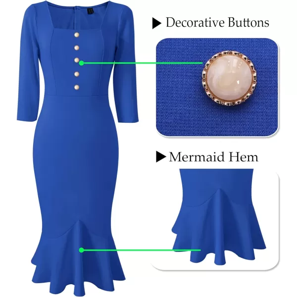 VFSHOW Womens Vintage Square Neck Buttons Cocktail Party Bodycon Mermaid MidCalf DressBlue Buttons 34 Sleeve