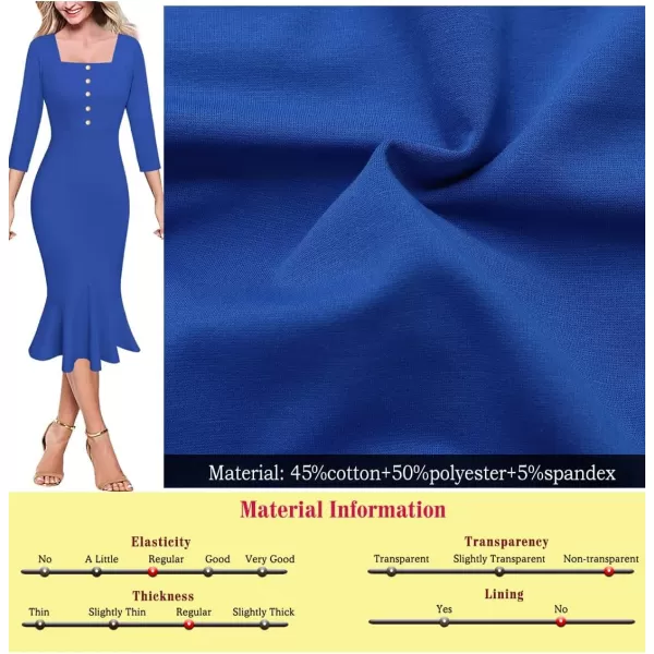 VFSHOW Womens Vintage Square Neck Buttons Cocktail Party Bodycon Mermaid MidCalf DressBlue Buttons 34 Sleeve