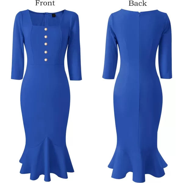 VFSHOW Womens Vintage Square Neck Buttons Cocktail Party Bodycon Mermaid MidCalf DressBlue Buttons 34 Sleeve