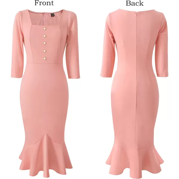 VFSHOW Womens Vintage Square Neck Buttons Cocktail Party Bodycon Mermaid MidCalf DressPeach Pink Buttons 34 Sleeve