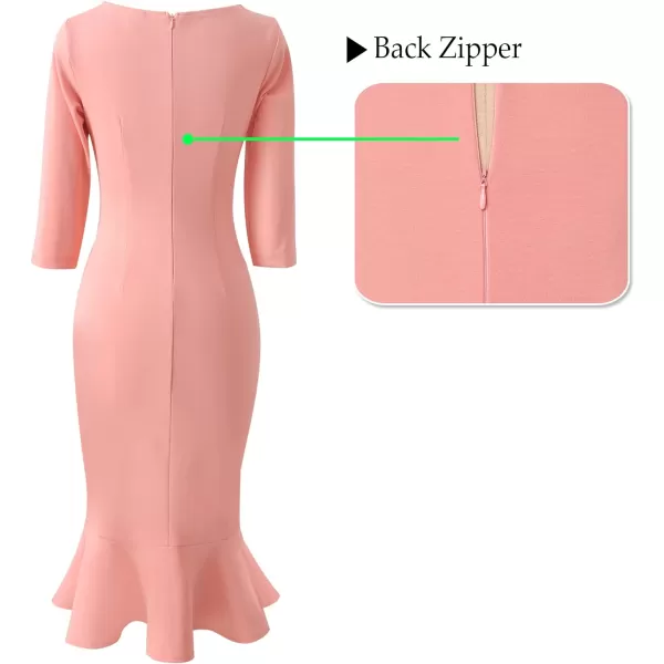 VFSHOW Womens Vintage Square Neck Buttons Cocktail Party Bodycon Mermaid MidCalf DressPeach Pink Buttons 34 Sleeve