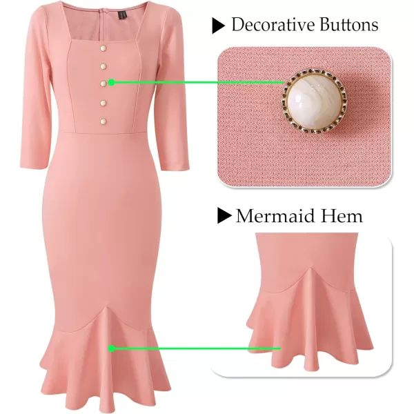 VFSHOW Womens Vintage Square Neck Buttons Cocktail Party Bodycon Mermaid MidCalf DressPeach Pink Buttons 34 Sleeve