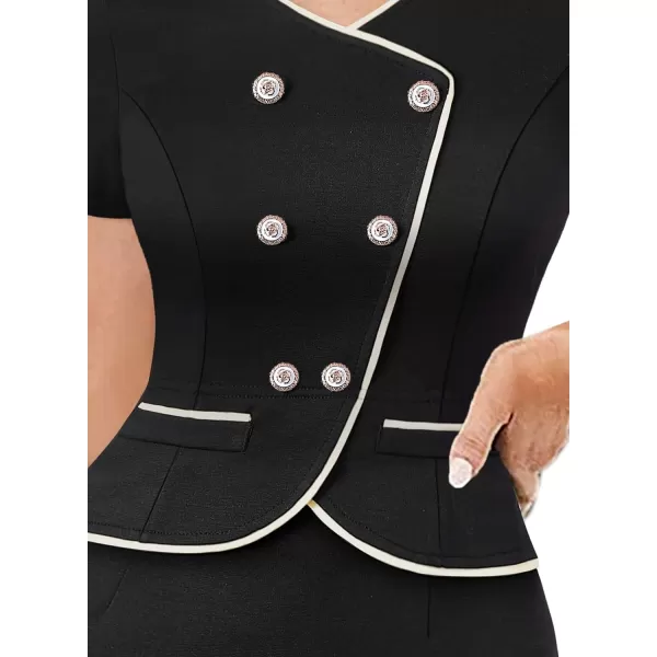 VFSHOW Womens Work Business Office Double Breasted V Neck Peplum Elegant Retro Office Church Slim Pencil Sheath DressBlack  Ivory Piping