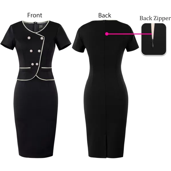 VFSHOW Womens Work Business Office Double Breasted V Neck Peplum Elegant Retro Office Church Slim Pencil Sheath DressBlack  Ivory Piping