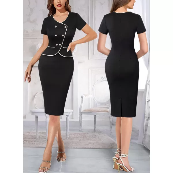 VFSHOW Womens Work Business Office Double Breasted V Neck Peplum Elegant Retro Office Church Slim Pencil Sheath DressBlack  Ivory Piping