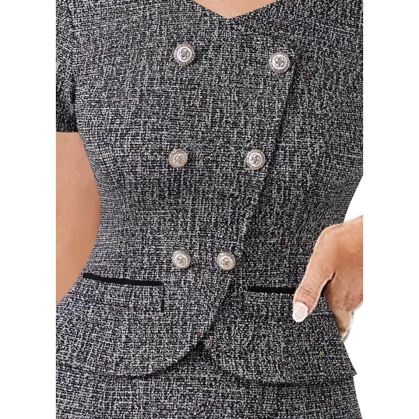 VFSHOW Womens Work Business Office Double Breasted V Neck Peplum Elegant Retro Office Church Slim Pencil Sheath DressBlack Tweed