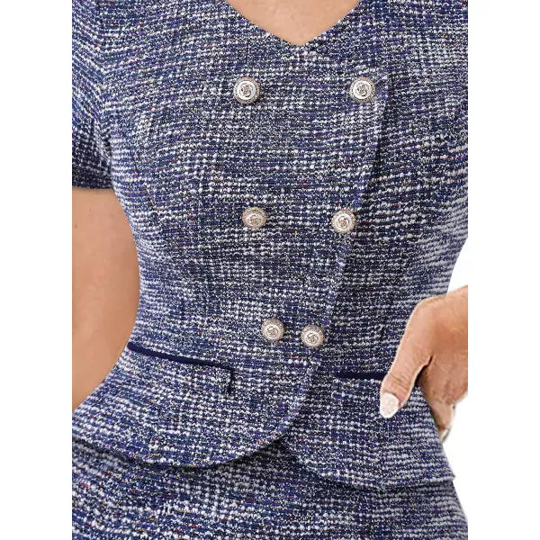 VFSHOW Womens Work Business Office Double Breasted V Neck Peplum Elegant Retro Office Church Slim Pencil Sheath DressBlue Tweed