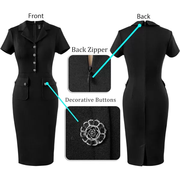 VFSHOW Womens Work Business Office Lapel V Neck Button Vintage Pockets Vintage Church Pencil Sheath DressBlack