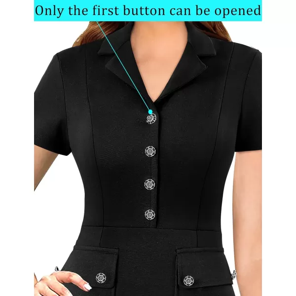 VFSHOW Womens Work Business Office Lapel V Neck Button Vintage Pockets Vintage Church Pencil Sheath DressBlack