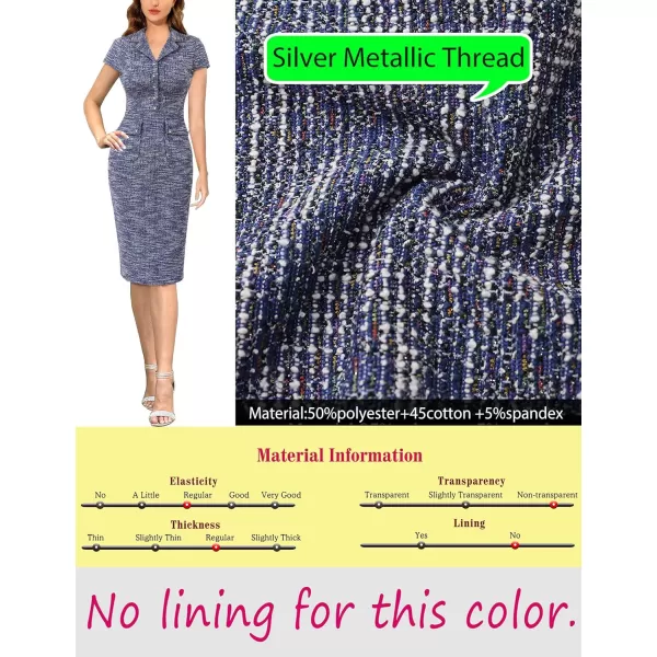 VFSHOW Womens Work Business Office Lapel V Neck Button Vintage Pockets Vintage Church Pencil Sheath DressBlue Tweed