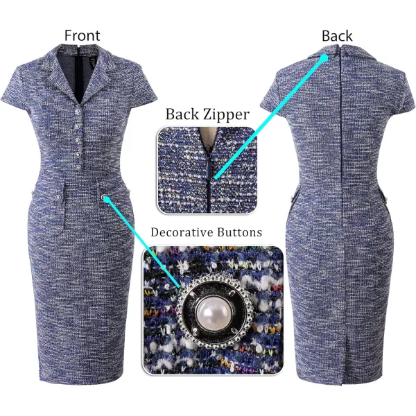 VFSHOW Womens Work Business Office Lapel V Neck Button Vintage Pockets Vintage Church Pencil Sheath DressBlue Tweed