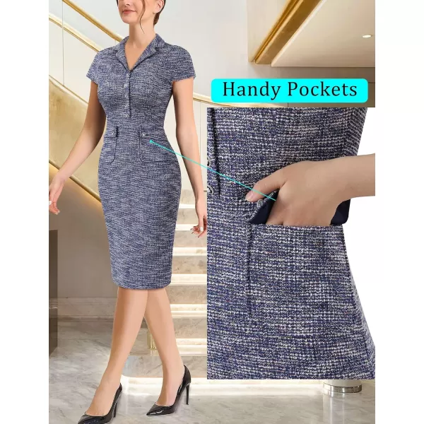 VFSHOW Womens Work Business Office Lapel V Neck Button Vintage Pockets Vintage Church Pencil Sheath DressBlue Tweed