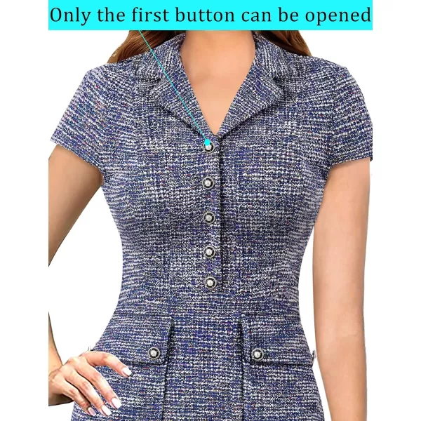 VFSHOW Womens Work Business Office Lapel V Neck Button Vintage Pockets Vintage Church Pencil Sheath DressBlue Tweed