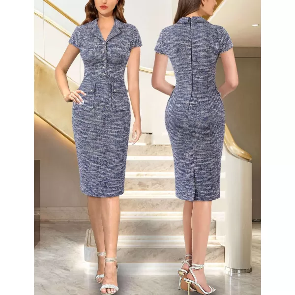 VFSHOW Womens Work Business Office Lapel V Neck Button Vintage Pockets Vintage Church Pencil Sheath DressBlue Tweed