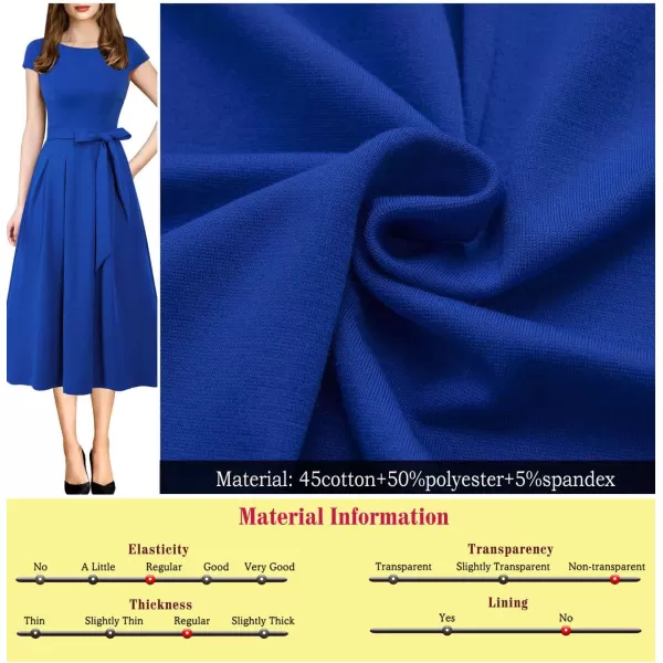 Vfshow Womens Elegant Patchwork Pockets Pleated Casual Work Party ALine Midi DressBluecap Sleeve