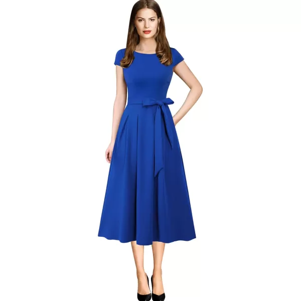 Vfshow Womens Elegant Patchwork Pockets Pleated Casual Work Party ALine Midi DressBluecap Sleeve