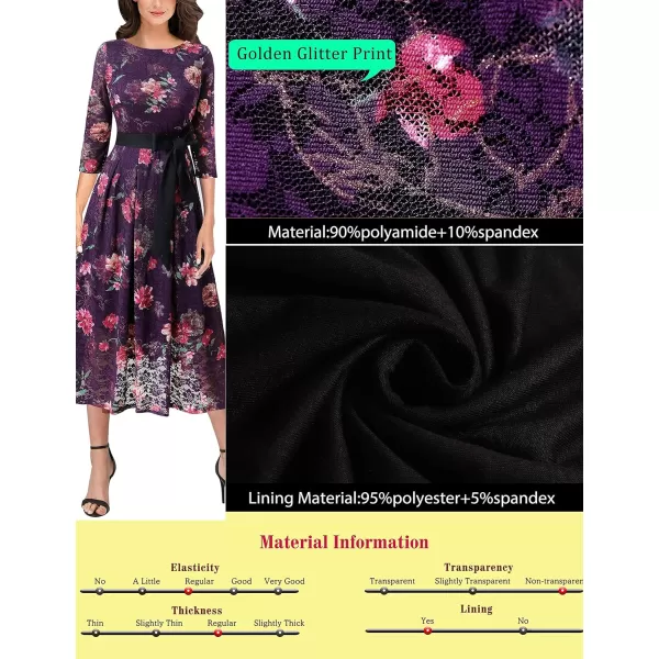 Vfshow Womens Elegant Patchwork Pockets Pleated Casual Work Party ALine Midi DressPurple Lace and Pink Floral Print