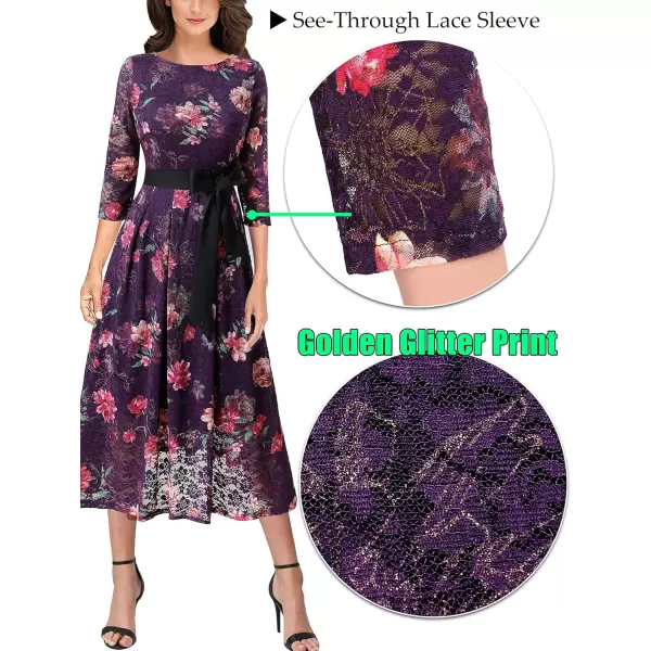 Vfshow Womens Elegant Patchwork Pockets Pleated Casual Work Party ALine Midi DressPurple Lace and Pink Floral Print