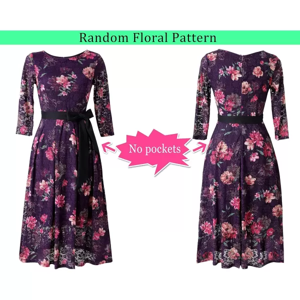 Vfshow Womens Elegant Patchwork Pockets Pleated Casual Work Party ALine Midi DressPurple Lace and Pink Floral Print