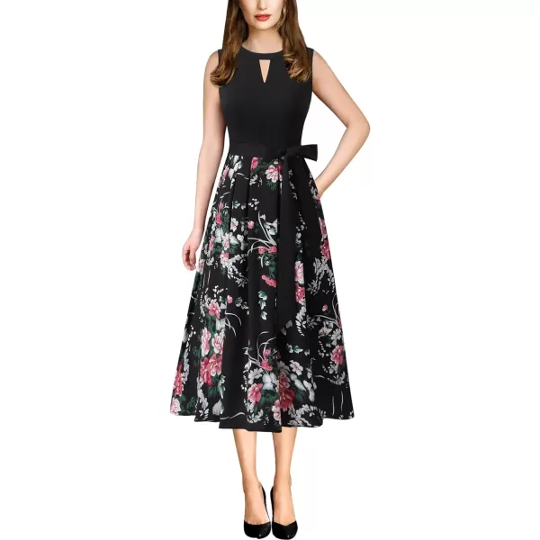 Vfshow Womens Elegant Patchwork Pockets Print Work Casual ALine Midi DressBlack  Black Multi Floral2