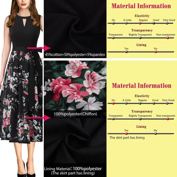 Vfshow Womens Elegant Patchwork Pockets Print Work Casual ALine Midi DressBlack  Black Multi Floral2