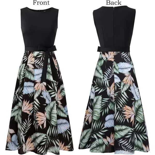 Vfshow Womens Elegant Patchwork Pockets Print Work Casual ALine Midi DressBlack  Black and Green Leaf Print