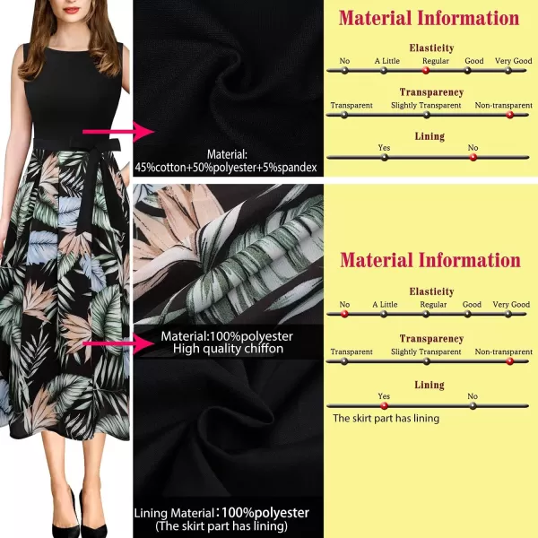 Vfshow Womens Elegant Patchwork Pockets Print Work Casual ALine Midi DressBlack  Black and Green Leaf Print