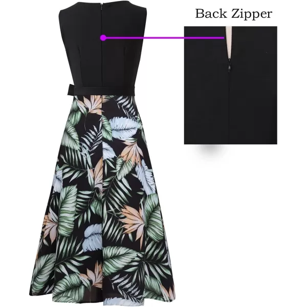 Vfshow Womens Elegant Patchwork Pockets Print Work Casual ALine Midi DressBlack  Black and Green Leaf Print