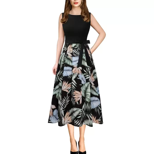 Vfshow Womens Elegant Patchwork Pockets Print Work Casual ALine Midi DressBlack  Black and Green Leaf Print