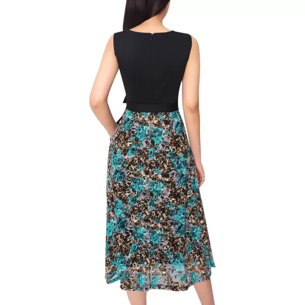 Vfshow Womens Elegant Patchwork Pockets Print Work Casual ALine Midi DressBlack  Blue and Leopard Print Lace