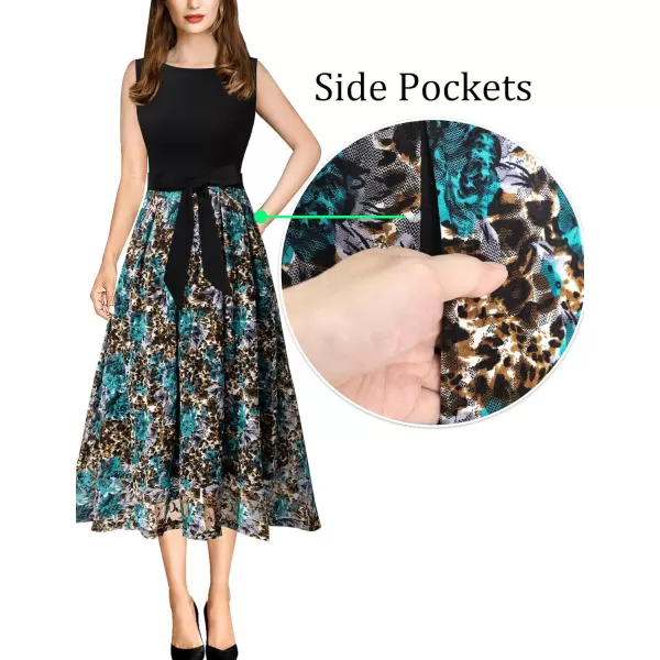 Vfshow Womens Elegant Patchwork Pockets Print Work Casual ALine Midi DressBlack  Blue and Leopard Print Lace