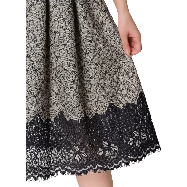 Vfshow Womens Elegant Patchwork Pockets Print Work Casual ALine Midi DressBlack  Navy and Beige Lace