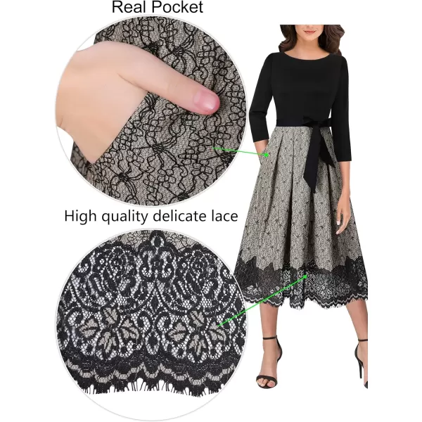 Vfshow Womens Elegant Patchwork Pockets Print Work Casual ALine Midi DressBlack  Navy and Beige Lace