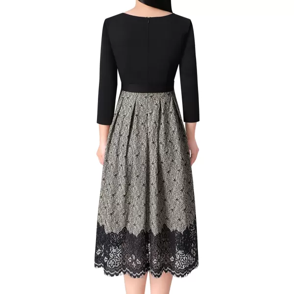 Vfshow Womens Elegant Patchwork Pockets Print Work Casual ALine Midi DressBlack  Navy and Beige Lace