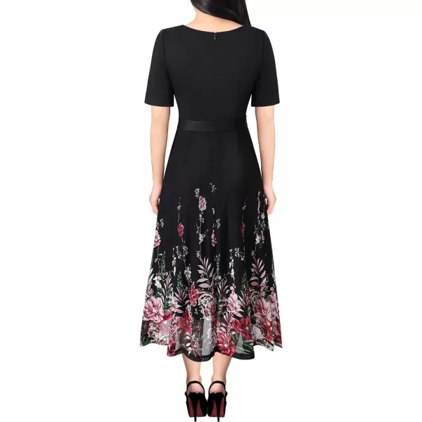 Vfshow Womens Elegant Patchwork Pockets Print Work Casual ALine Midi DressBlack  Pink Floral Print4