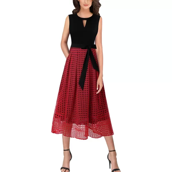 Vfshow Womens Elegant Patchwork Pockets Print Work Casual ALine Midi DressBlack  Red Lace