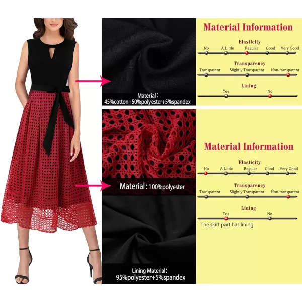 Vfshow Womens Elegant Patchwork Pockets Print Work Casual ALine Midi DressBlack  Red Lace