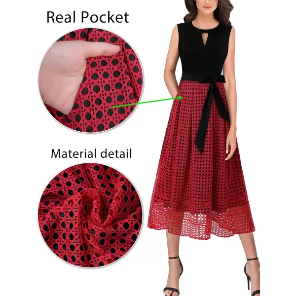 Vfshow Womens Elegant Patchwork Pockets Print Work Casual ALine Midi DressBlack  Red Lace