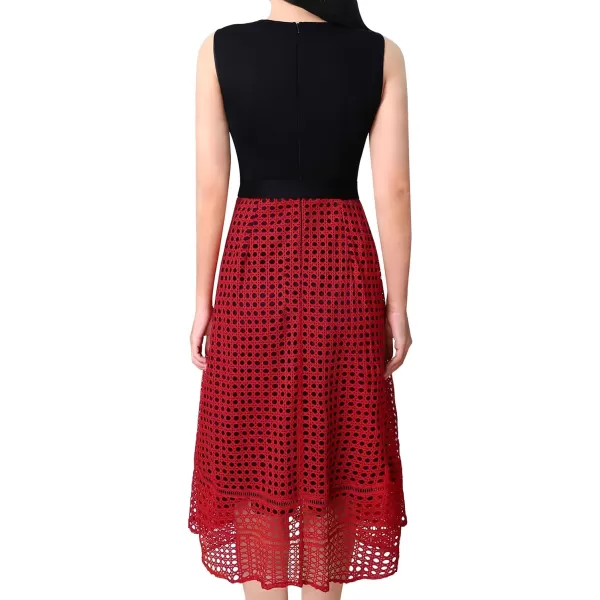 Vfshow Womens Elegant Patchwork Pockets Print Work Casual ALine Midi DressBlack  Red Lace