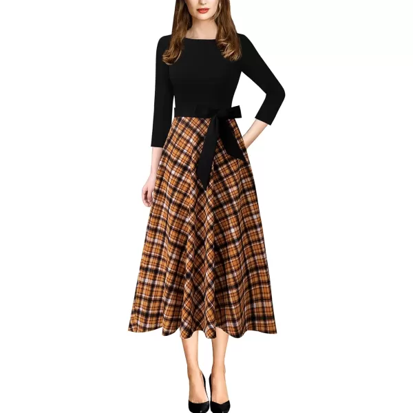 Vfshow Womens Elegant Patchwork Pockets Print Work Casual ALine Midi DressBlack  Yellow Check Print