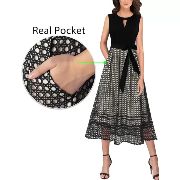 Vfshow Womens Elegant Patchwork Pockets Print Work Casual ALine Midi DressBlack