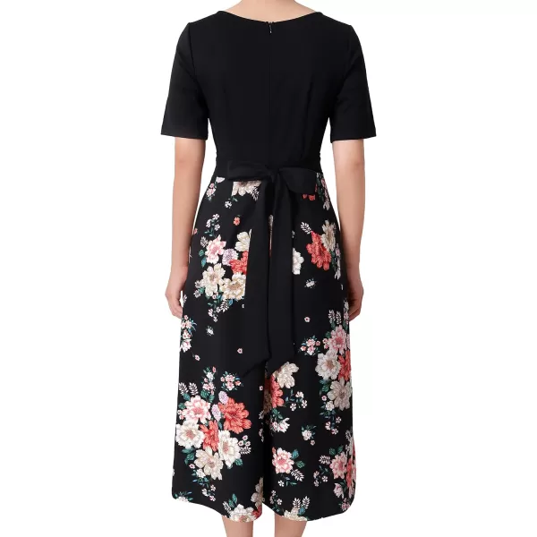 Vfshow Womens Elegant Patchwork Pockets Print Work Casual ALine Midi DressBlack and Multi Floral Print2