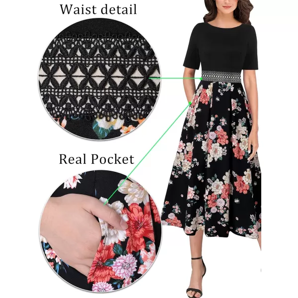 Vfshow Womens Elegant Patchwork Pockets Print Work Casual ALine Midi DressBlack and Multi Floral Print2