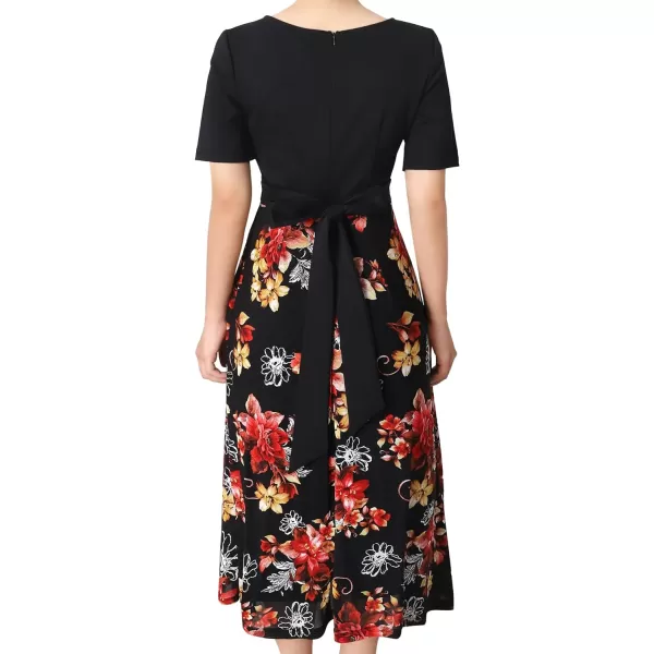 Vfshow Womens Elegant Patchwork Pockets Print Work Casual ALine Midi DressBlack and Multi Floral Print4