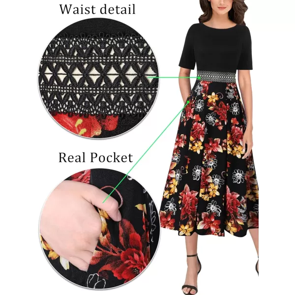 Vfshow Womens Elegant Patchwork Pockets Print Work Casual ALine Midi DressBlack and Multi Floral Print4